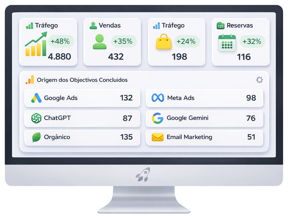Dashboard de marketing digital com métricas de tráfego, vendas, reservas e crescimento online através de Google Ads, ChatGPT, Gemini e SEO orgânico