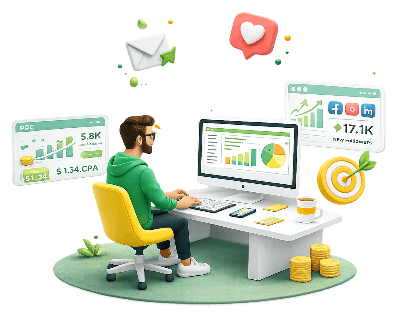 Estratégias de marketing digital focadas em SEO, tráfego qualificado, campanhas Google Ads, redes sociais e geração de leads