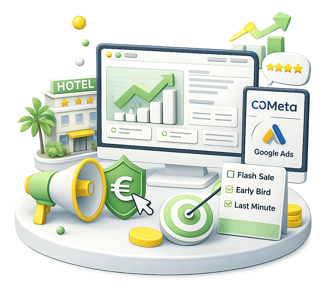 Marketing digital para hotelaria com campanhas Google Ads, Meta Ads e estratégias para aumentar reservas diretas