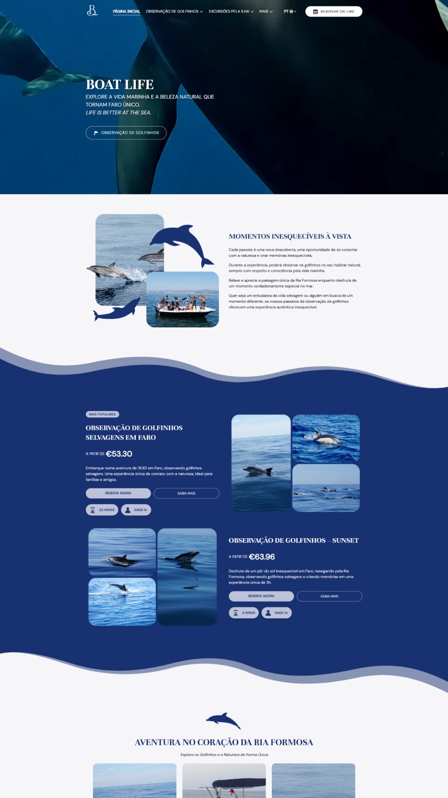 Website para experiências marítimas e dolphin watching otimizado para reservas
