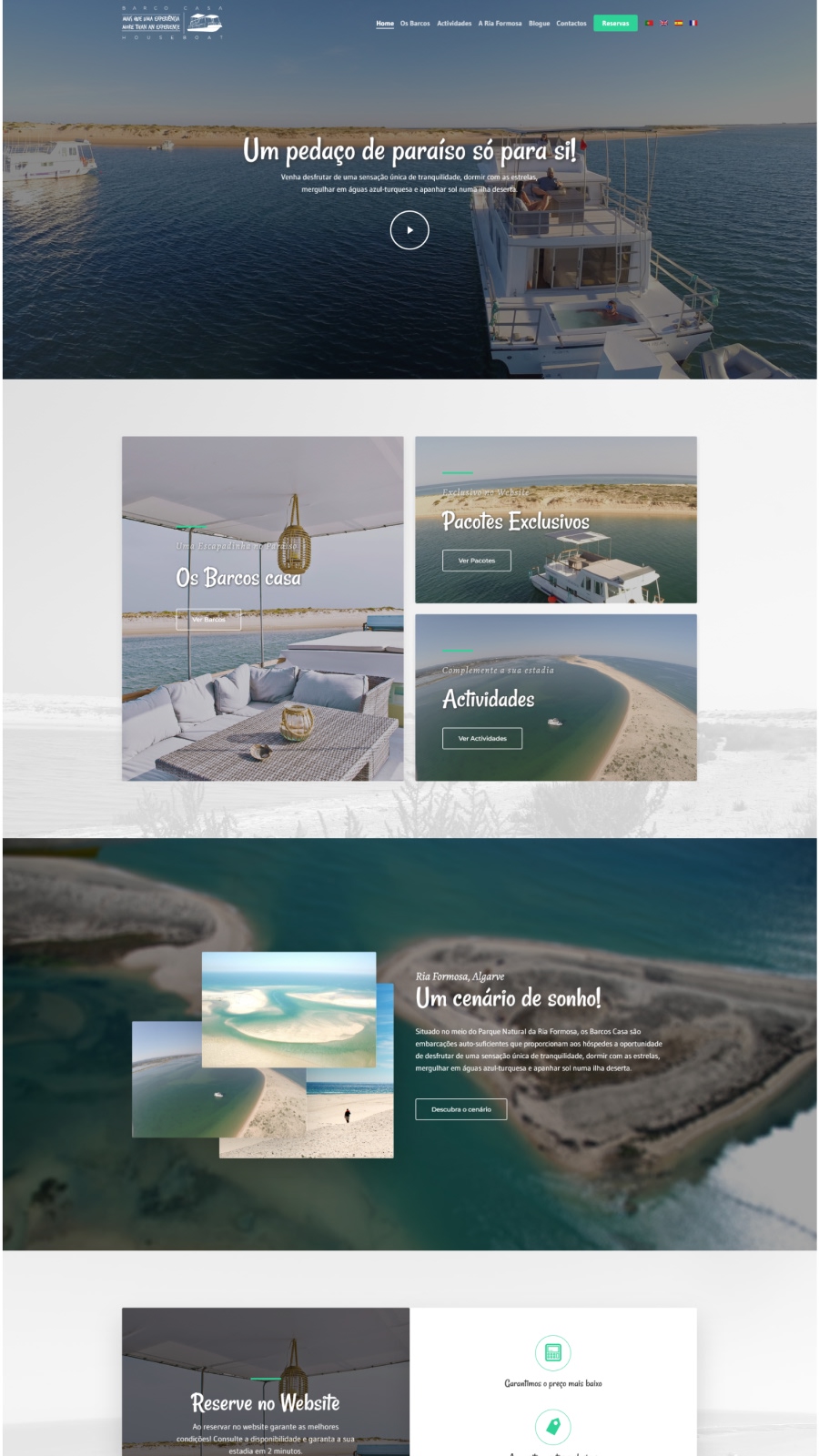Website turístico para Barco Casa com experiências exclusivas, reservas online e passeios de barco