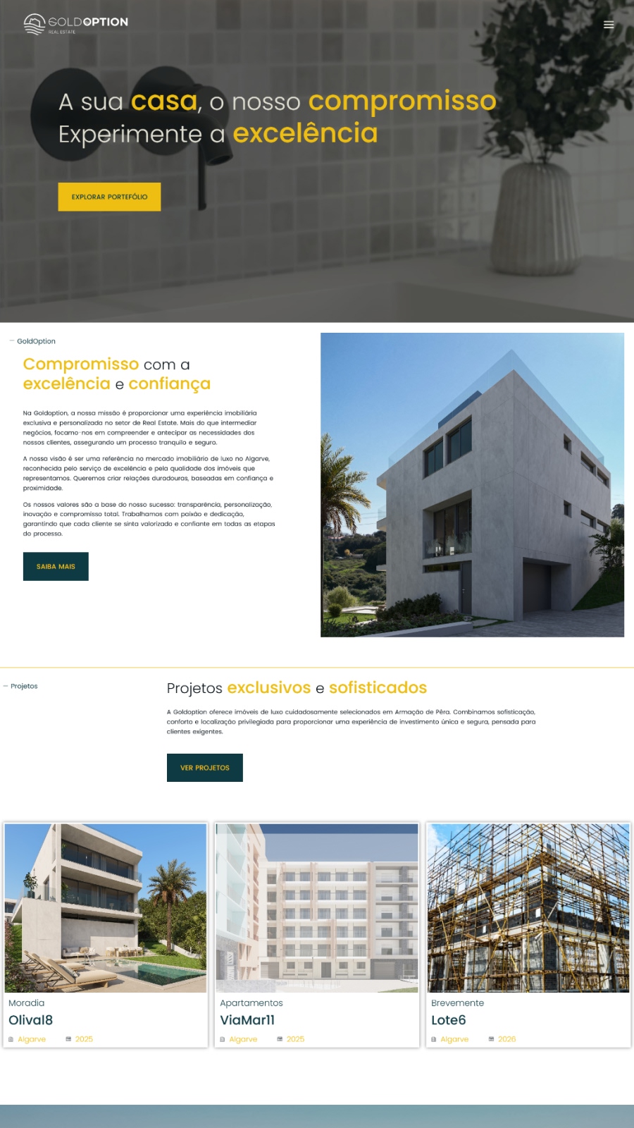 Website para agência imobiliária com catálogo de imóveis, empreendimentos e foco em captação de contactos