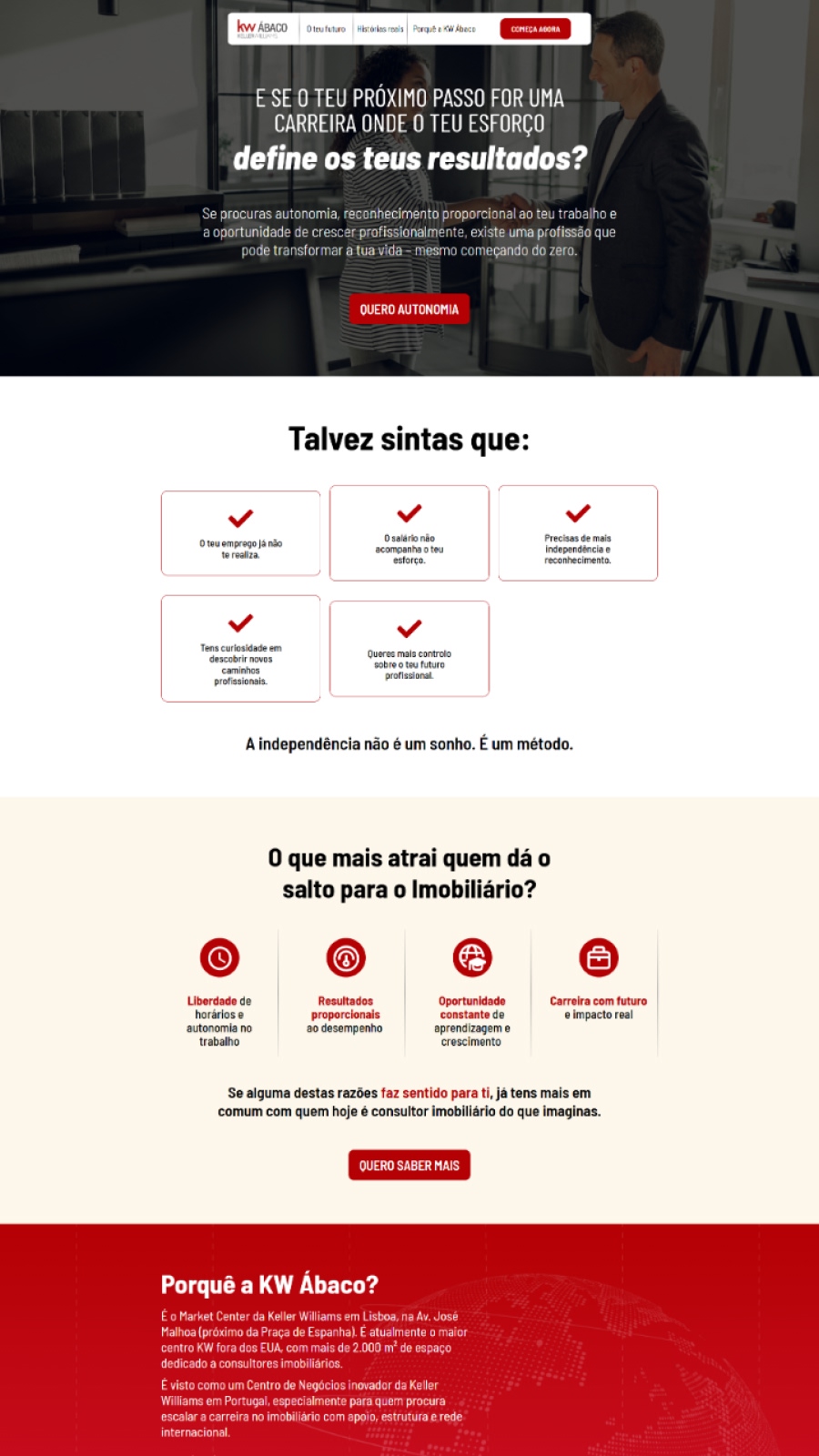 Landing page imobiliária focada em recrutamento, geração de contactos e captação de profissionais do setor