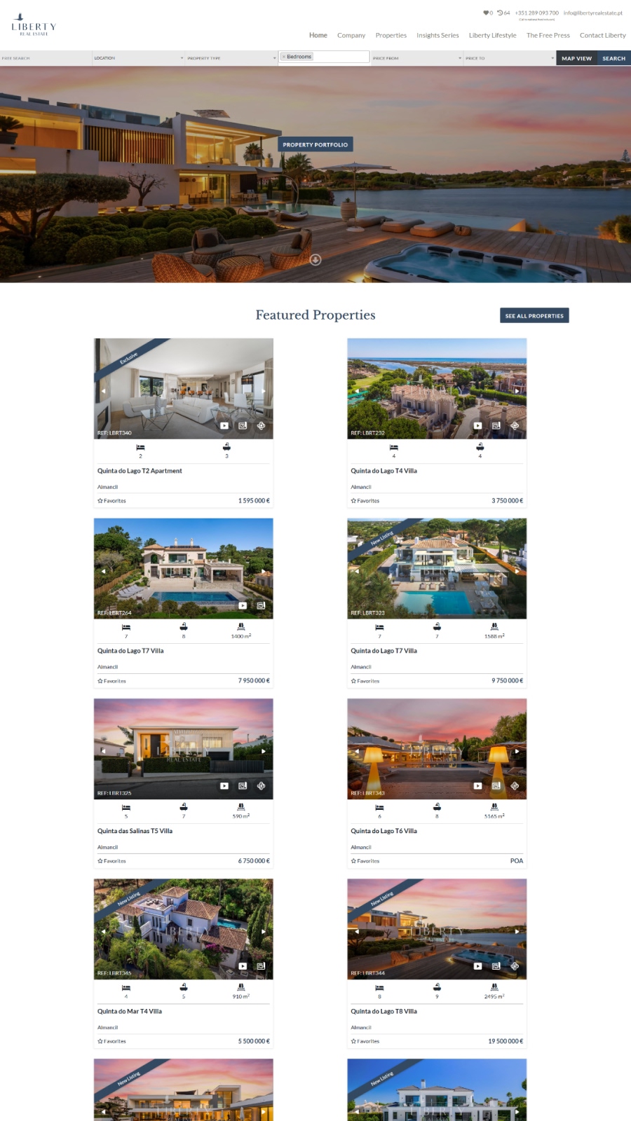 Website imobiliário de luxo no Algarve com pesquisa avançada de imóveis e foco em compradores internacionais