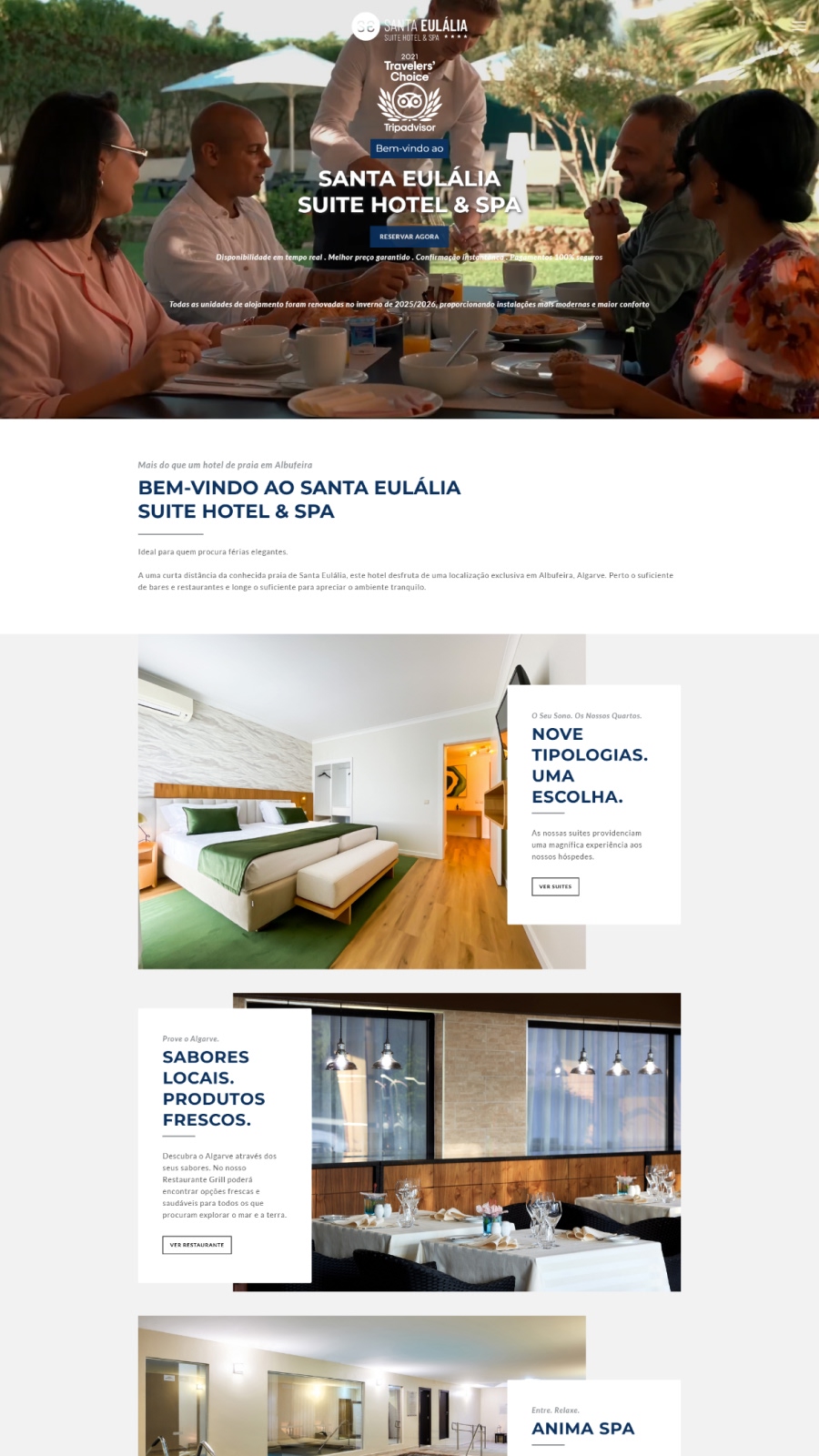Website para Santa Eulália Hotel com apresentação de quartos, serviços e experiência hoteleira